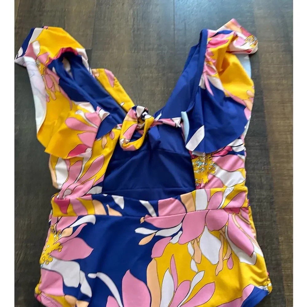 Trina Turk Breeze Ruffle Plunge Floral Print One Piece Swimsuit Size 12